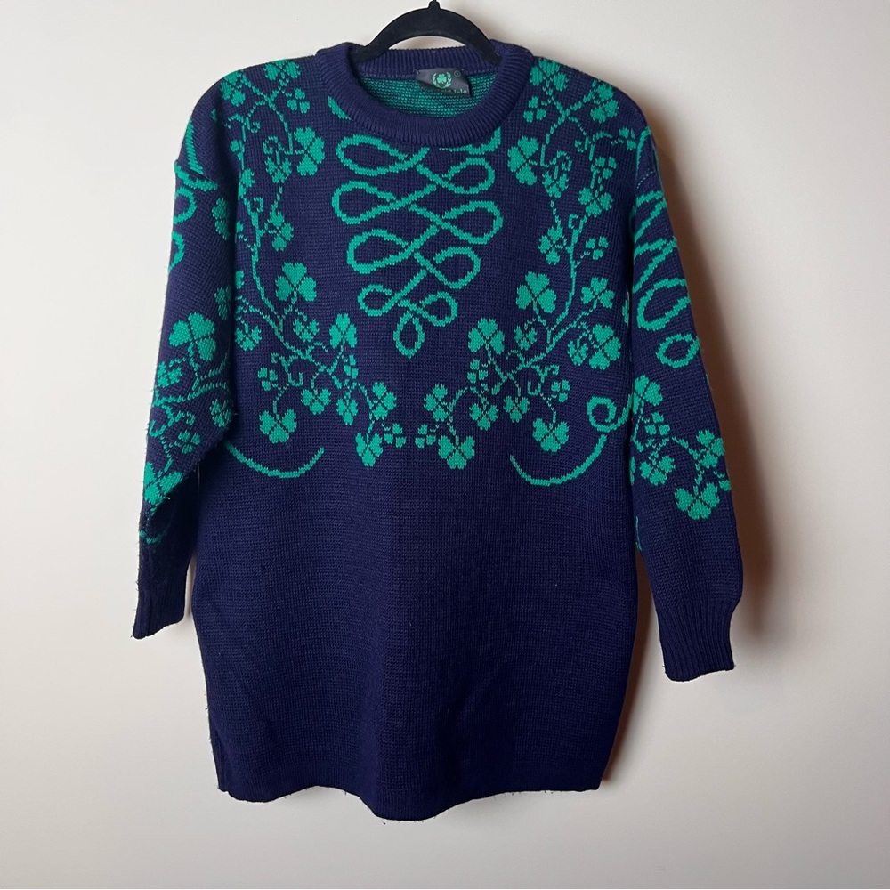 Emerald Isle Blue and Green 3 leaf clover Sweater small